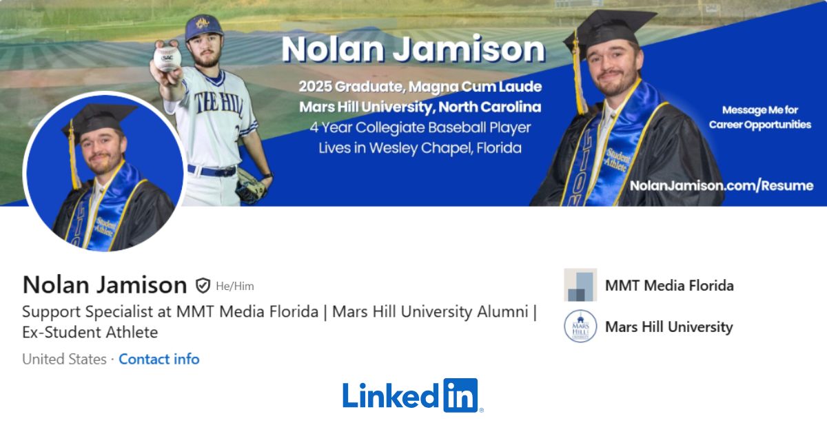 Nolan Jamison - RESUME Featured Image v3 Small Nolan Jamison Florida, Resume, Linkedin Profile. Actively seeking a Sales Position in the Tampa Bay Area. Recent Mars Hill University Graduate, Magna Cum Laude, Collegiate Athlete (Baseball)